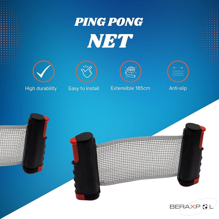 BERAXPOL Набір для настільного тенісу преміум-класу, портативний, з висувною сіткою | 3 м'ячі | Сумка для перенесення | Сімейний відпочинок | Подарунок