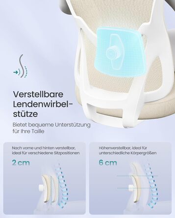 Офісне крісло SONGMICS з ергономічною підтримкою спини, регульована поперекова та підголовна підтримка, до 150 кг, регульована висота, пісочно-бежевий (OBN066BH01)