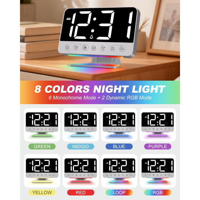 Цифровий будильник з LED-дисплеєм та RGB-підсвіткою, потужний сигнал 30-110дБ для міцного сну, USB-порт, функція Snooze, сріблястий