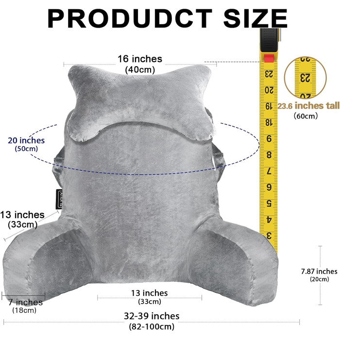 Крісло-мішок для читання та відпочинку на ліжку, сіре. Зручне крісло для дорослих, з підлокітниками, для читання, перегляду телевізора та ігор.