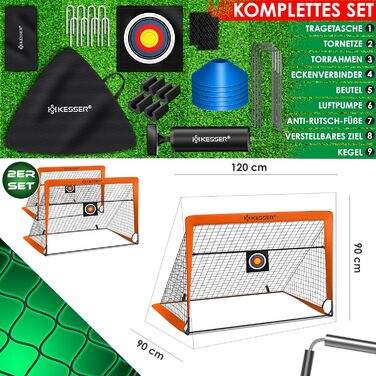 Дитячі футбольні ворота KESSER Pop-Up, складні, 2 шт. з фібровими стрижнями та якісною сіткою для кімнати, вулиці й саду, з сумкою для транспортування, 6 фішками, насосом і мішенню, помаранчеві