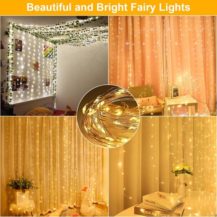 Ланцюжок LED-ліхтариків 2x2м, 200 LED, USB, тепле біле світло для декору свята, вечірки, Рамадану, весілля, кімнати