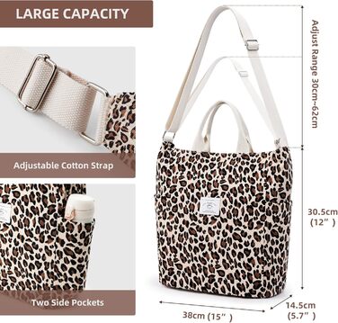 Сумка жіноча KALIDI Cord Shopper велика, повсякденна, для школи, роботи, покупок (Леопард)