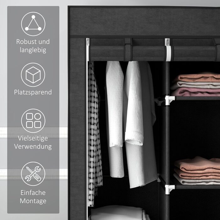 HOMCOM Wardrobe Fabric Closet with Drawers, Hanging Rail and Zipper, Fabric Clothes Closet Folding Wardrobe for Bedroom, Dressing Room, 102 x 42.5 x 162.5 cm, (Black, 125L x 43W x 162.5H cm)