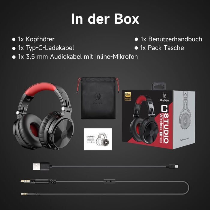 OneOdio Бездротові навушники Over-Ear Bluetooth з Bluetooth 5.2, 50мм драйвер, Hi-Fi Stereo, складні, з мікрофоном для ноутбука/телефону/ПК - Червоні