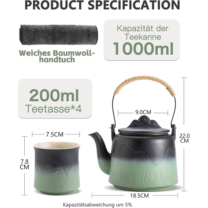ZENS Design Japanese Teapot, 1000ml Gradient Embossed Japanese Teapot Ceramic with Built-in Strainer and Hemp Rope Handle for Loose Tea Steeper, Gift for Tea Lovers, Black & Bean Green (Black & Bean Green, 1000ml Teapot & 4 of 200ml Cups)