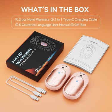 Електричні грілки для рук 6000mAh, 2 шт. – багаторазові, з USB-C, 3 режими нагріву, подарунок для жінок, чоловіків, дітей, катання на лижах, піших прогулянок (рожевий)