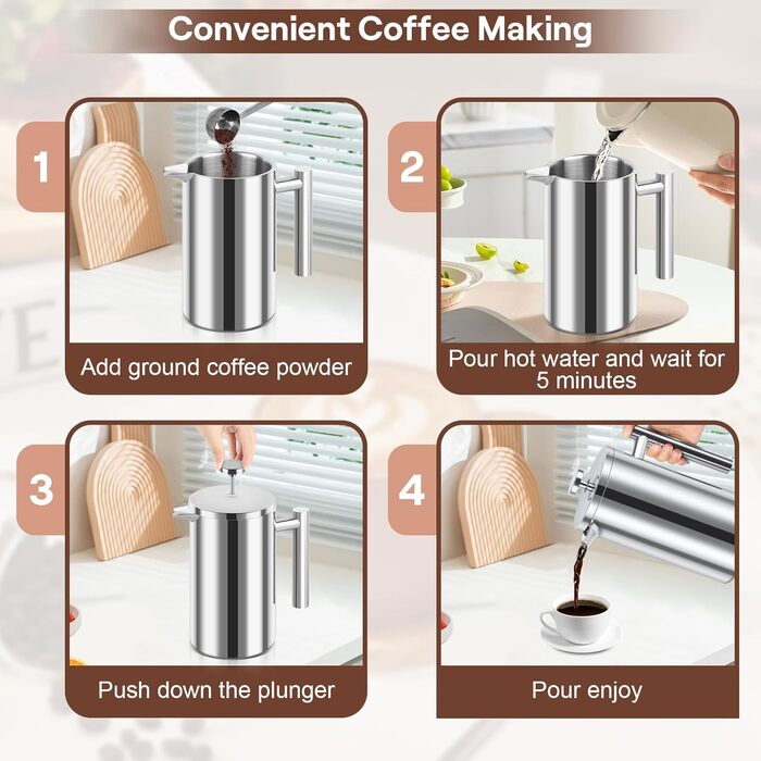 Френч-прес для кави з нержавіючої сталі, 1000 мл, з подвійними стінками, ізольований, для дому, кемпінгу та офісу