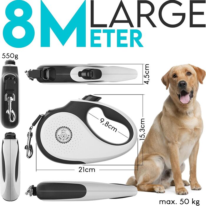 Витяжна поводок для собак HUND IST KÖNIG 8м для малих та великих собак | Міцний поводок до 50кг | Білий/Чорний