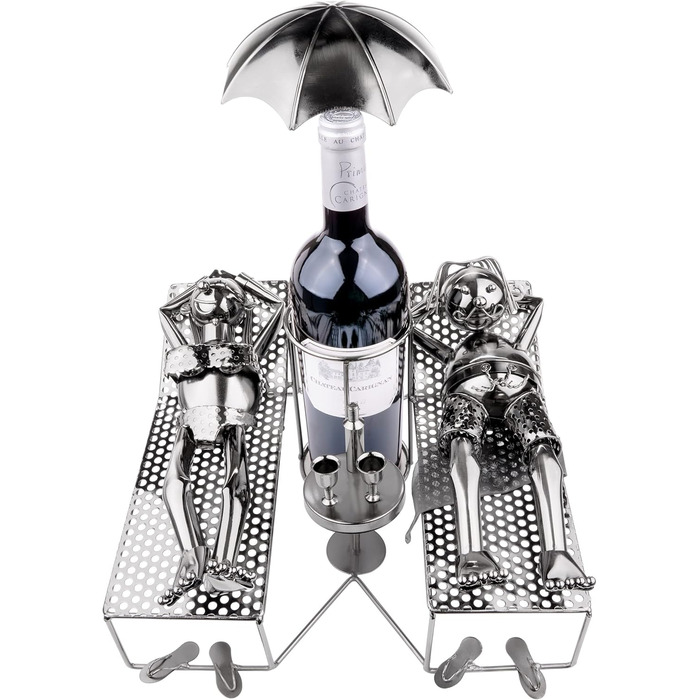 BRUBAKER Wine Bottle Holder - Loving Couple on Vacation - Metal Sculpture Bottle Stand, Reclining Couple Under Palm Tree - Silver Metal Figure Bottle Holder, Wine Gift for Vacationers with Greeting Card