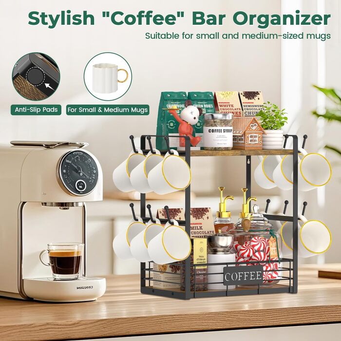 EsLuker.ly 2-Tier Mug Rack Stand for Countertop, 12 Hook Mug Shelf Wall with Storage Basket, Metal Wood Mug Stand Mug Organizer for Coffee Bar Kitchen, Vintage Brown-Black