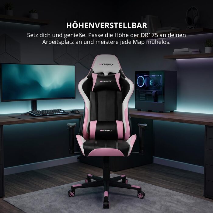 Геймерське крісло DRIFT DR175PINK: професійне, чорно-рожеве, зі штучної шкіри, з регульованими підлокітниками 2D та газліфтом класу 4