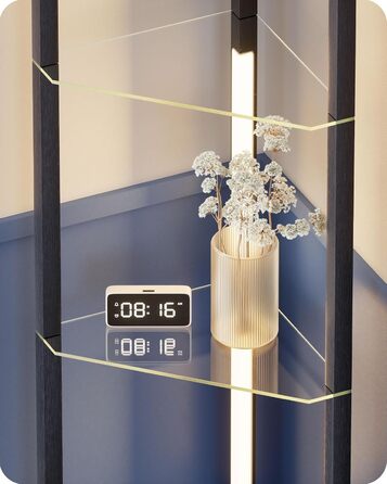 Стійка лампа EDISHINE з 4 полицями з дерева, LED диммер, 3 колірні температури, поворотний світловий маніпулятор, підсвічування полиць, футовий вимикач (чорний+скло)