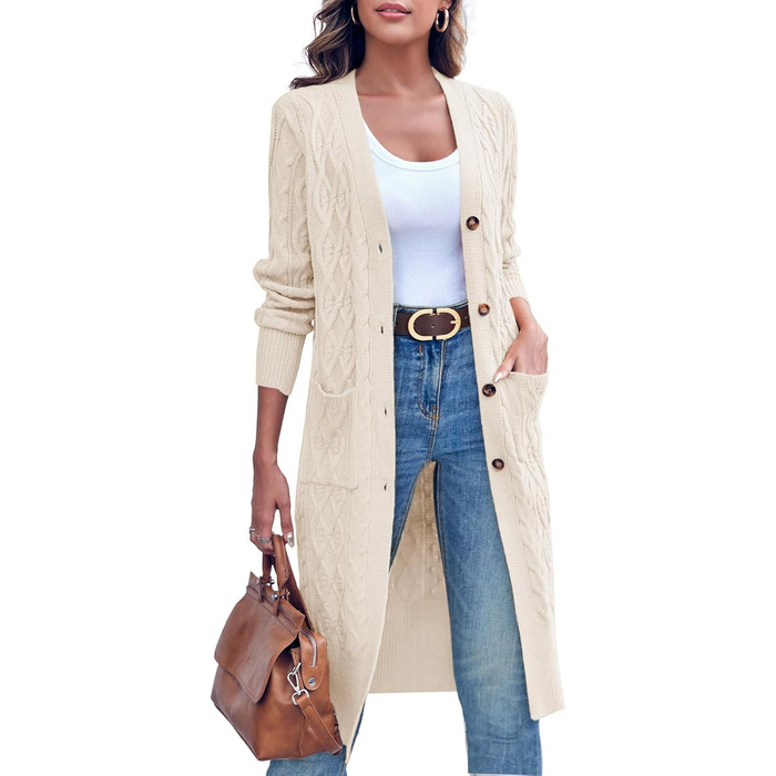 Жіноча в'язана жилетка Imily Bela з відкритим передом, довгим рукавом, візерунком коси та кишенями. Ідеальна на осінь-зиму. XL, бежевий колір