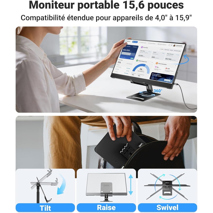 Портативний монітор Ingnok 15.6 дюймів, FHD 1080P IPS з підставкою, для ноутбука, ПК, Mac, PS3/4/5/X-box, USB-C & HDMI, 15.6 (підставка)