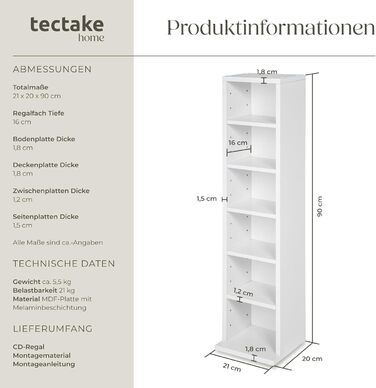Tectake® CD-стелаж, дерев'яний відкритий стелаж для 102 CD/DVD, настінний білий органайзер для вітальні та офісу