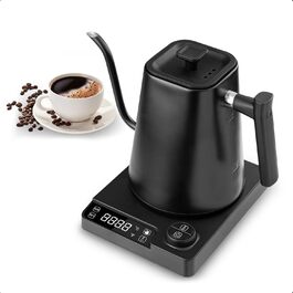 Fityou Electric Gooseneck Kettle - Temperature Control, 1200W, 1L Capacity, Fast Boiling, LED Digital Display, Celsius/Fahrenheit Conversion, for Specialty Coffee & Tea, Matte Black