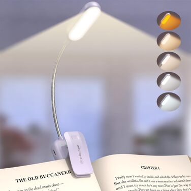 Світлодіодна лампа для читання Glocusent з прищіпкою, 20 LED, USB-аккумулятор, 5 режимів кольорової температури та регулювання яскравості, гнучка на 360°, лавандова