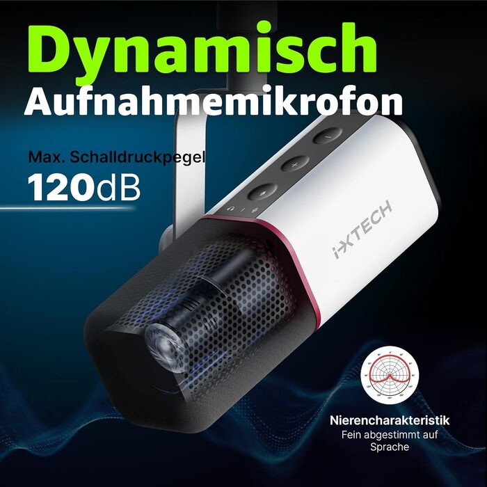 IXTECH Мікрофон з нирковою характеристикою RGB, USB/XLR, для студії, подкастів, стрімінгу, геймінгу та запису голосу, білий