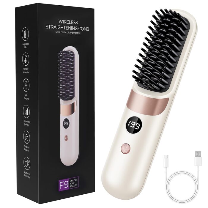 Бездротова випрямляч для волосся LOPHE - щітка-випрямляч з LED-дисплеєм, 3 температурні режими, акумулятор, для волосся та бороди, білий