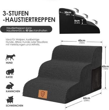 Myiosus Dog Stairs, 2 Steps Pet Stairs, Waterproof Dog Steps Made of Sponge, Non-Slip Dog Ramp for Sofa Bed, Washable Cover Dog Stairs, Portable Cat Stairs (Dog Stairs 3 Steps, Black)