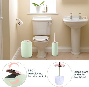 9-Piece Bathroom Accessory Set – Trash Can, Soap Dispenser Set, Soap Dish, Toilet Brush with Holder, Toothbrush Holder, Cup, Tray, Cotton Swab Holder, (Green Bathroom Set + Shower Curtain + Rugs)
