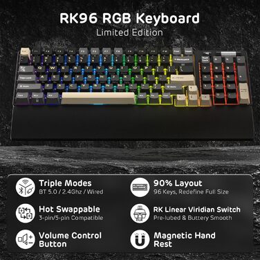 Механічна клавіатура RK ROYAL KLUDGE RK96 RGB Limited Ed з підсвічуванням, 96 клавіш, бездротовий з'єднання (BT5.0/2.4G/USB-C), Hot-Swap, підтримка програмного забезпечення, лінійні перемикачі, підставка для зап'ястя, QWERTY, колір: хромо-зелений, Eclipse