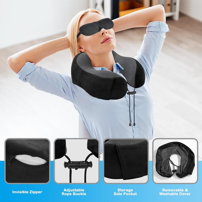Подушка для шиї в літак, доросла, Memory Foam, регульована, компактна, з навушниками, маскою для сну та чохлом (чорна)