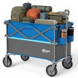 Візок садовий портативний Bollerwagen 300L XXL синій: для кемпінгу, пляжу, транспорту, з підскладником та бічними кишенями, вантажопідйомність 120 кг