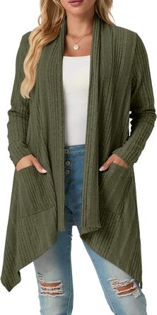 Жакет GRECERELLE з довгими рукавами, легкий в'язаний кардиган з кишенями, м'який, з асиметричним кроєм (M, хакі)