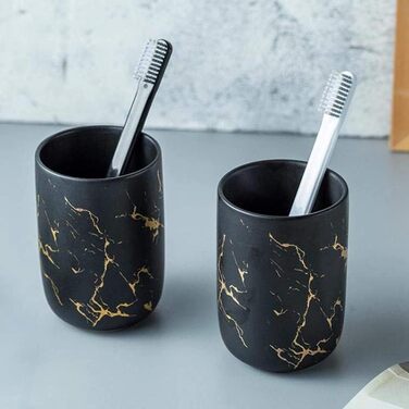 Набір аксесуарів для ванної кімнати FülleMore (4 шт.) з кераміки, імітація мармуру. Включає дозатор для мила (300 мл), мильницю, тримач для зубних щіток/склянку. Чорний колір.