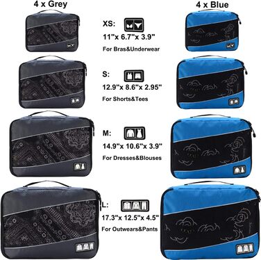 Органайзери для подорожей - набір 8 шт. (сірий/блакитний)