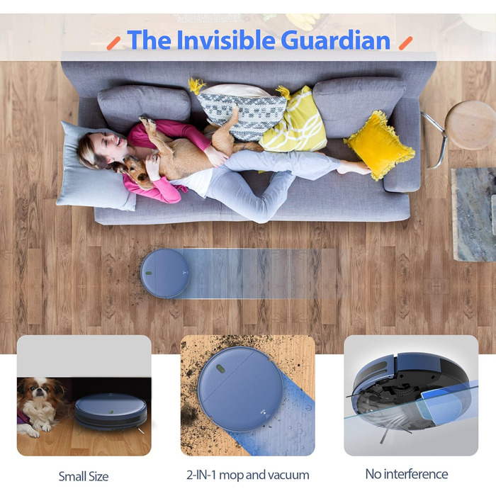 Робот-пилосос та миючий робот 2-в-1 з Wi-Fi, керуванням через додаток та пультом, потужне всмоктування, контейнер для пилу та бак для води, самостійна зарядка, ідеальний для шерсті тварин та твердих підлог, блакитний