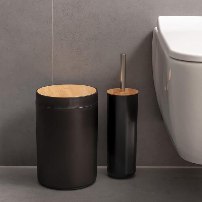 Набір для ванної кімнати MissFox 6 предметів: мильниця, дозатор миючого засобу, сміттєвий бак, тримач для зубних щіток, бачок для води, дозатор мила, аксесуари для ванної кімнати з бамбука, білий/чорний