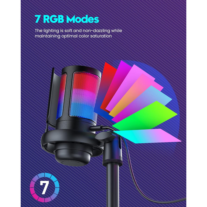 Ігровий мікрофон COCONISE RGB для ПК, стримінгу, подкастів, PS4/PS5, Mac. USB мікрофон з регулюванням гучності та навушником 3.5 мм, з підставкою