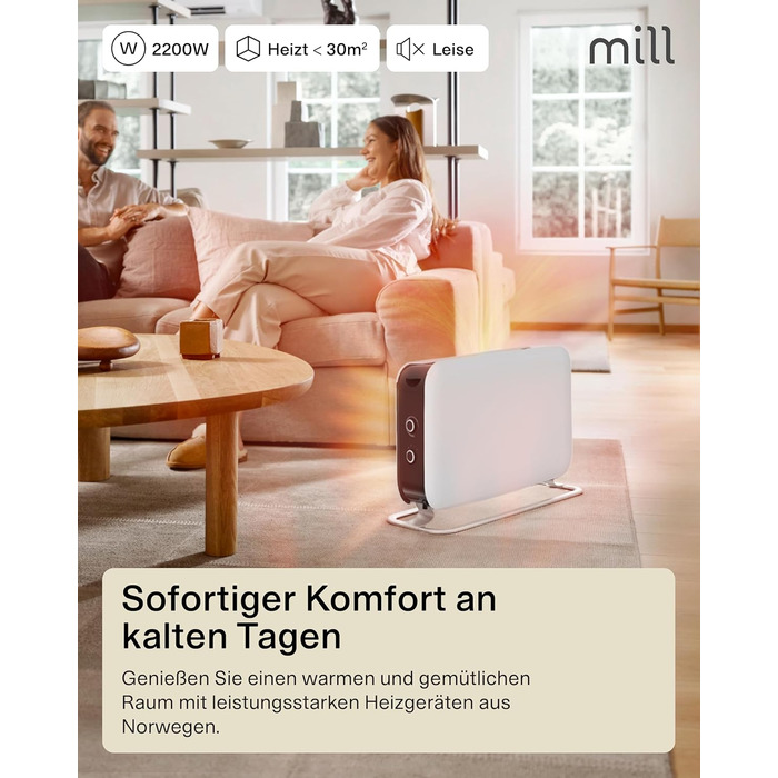 Електричний конвекторний обігрівач Mill 2000W з термостатом, 24-28 м², білий – MEC. Тиха електрична теплова гармата для дому.