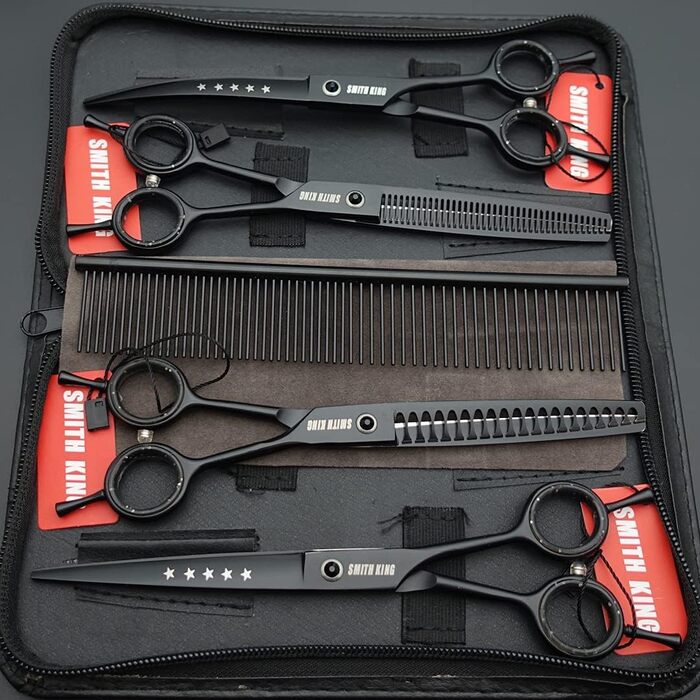 Набір професійних ножиць для грумінгу собак 7,0 дюймів (4 предмети) - прямі, для розрідження, вигнуті, для чухання, гребінець, для правші та лівші