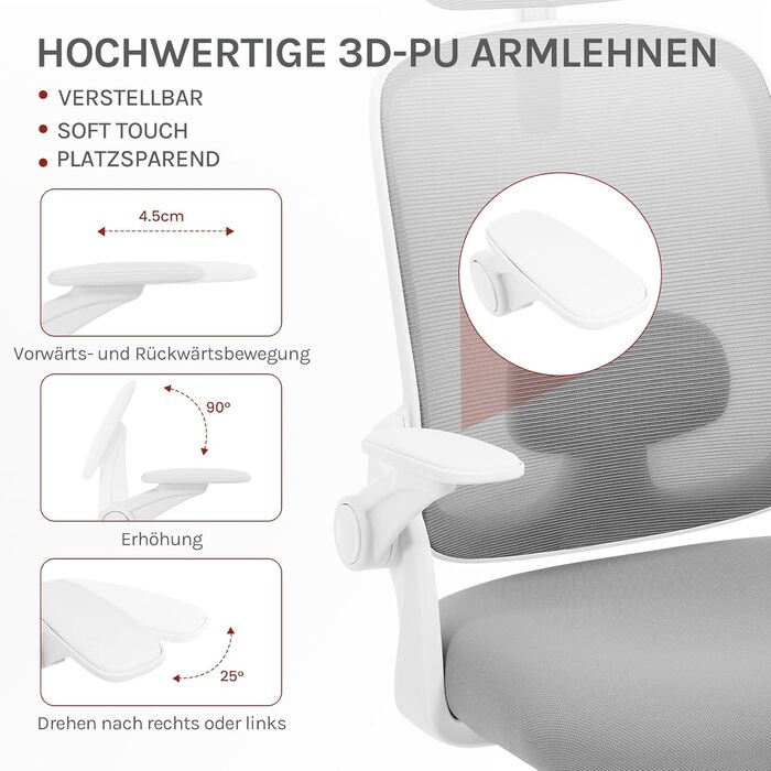 Офісний стілець WOLTU ергономічний з регульованою підголівником та підтримкою попереку, функцією гойдання, для офісу, 150 кг, світло-сірий