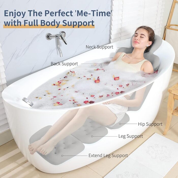 Full Body Bathtub Pillow with 160 Suction Cups - Head & Neck Support Bath Mat with Laundry Bag (Dark Grey, 130 x 41 cm / 51.2' x 16.2')