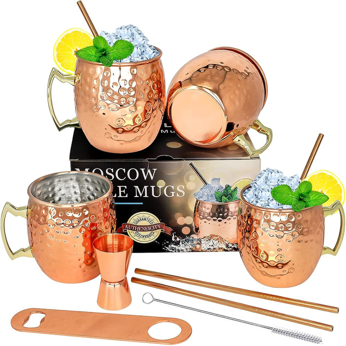 LINALL Moscow Mule Mug - 4-Piece Set, copper-plated stainless steel mugs, 550ml for chilled drinks - Copper