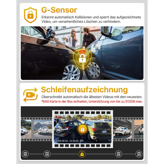 Відеореєстратор GKU 4K+2.5K з Wi-Fi 5GHz, GPS, Нічне Бачення STARVIS, IPS-дисплеєм 1.5', 24h парковка, 360° обертання, 64GB SD-карта, чорний