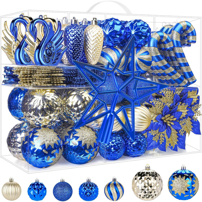 Набір прикрас на ялинку Alupssuc 128 шт: ялинкові кулі, квіти, стрічки, верхівка, гачки (чорний & золото, синій & золото)