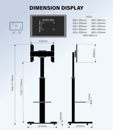 Підставка для телевізора XTRARM Proton 300: регульована висота 191 см, USB-порти, розетки, підтримка 32-75 дюймів, 40 кг, алюміній, скло, чорний колір