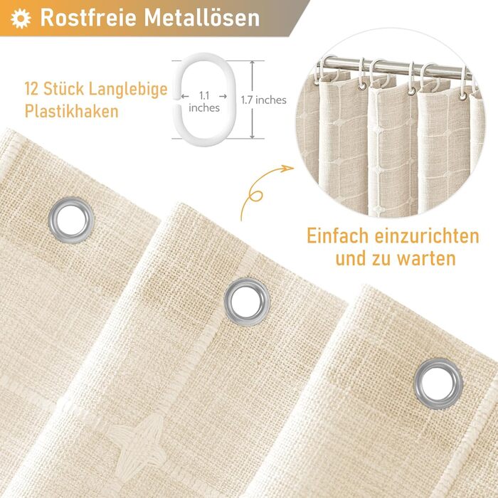 Шторка для душу BTTN 182x180 см, бохо-фермерський стиль, льонова тканина, з бахромою, водовідштовхувальна, з вантажами, комплект з 12 гачками, бежевий/кремовий, сітка