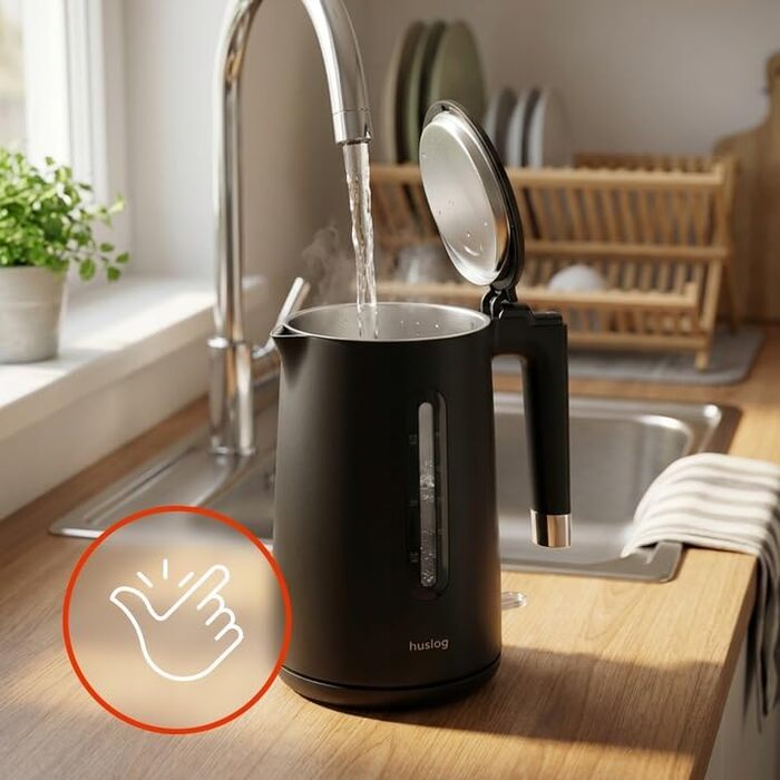 Електричний чайник з подвійними стінками 1,7л, 2200W, швидке кип'ятіння, тихий та безпечний, бездротовий з 360° базою, знімною кришкою, точним виливом (Чорний)