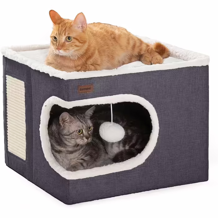 Indoor cat bed, cat cave and furniture with scratching pad and hideaway tent, cute, modern cat house for multiple small pets, large kittens, kittens, dark grey