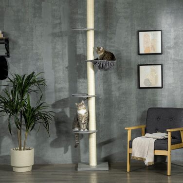 Дім-кігтеточка PawHut для котів, 230-250 см, з гамаком, регульована висота, захист від перекидання, плюш, сірий+кремовий