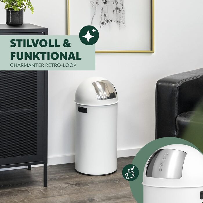 Відро для сміття Eluno Push 35л сталеве біле ретро з кришкою для кухні