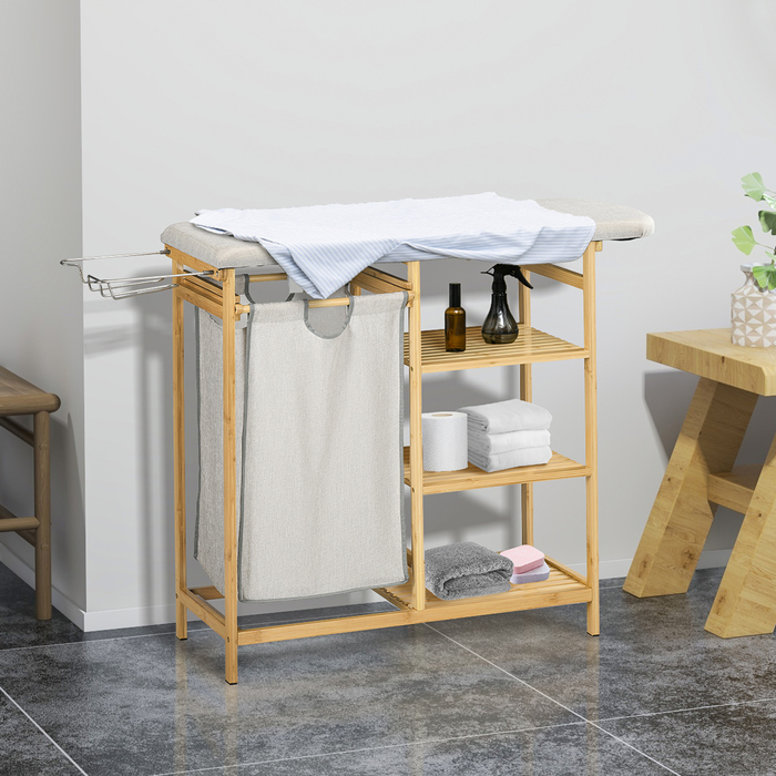 HOMCOM Laundry Basket 57.4 L Laundry Collector with Ironing Board and Iron, Laundry Box with 3-Tier Shelf, Pull-Out and Removable Bag
