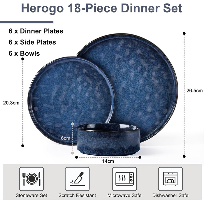 Посуд Herogo Nebulas Blue на 6 осіб, 18 предметів: тарілки та миски з кераміки, мікрохвильова піч та посудомийна машина, стійкий до подряпин